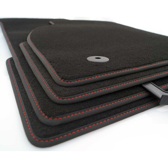 Fußmatten passend für Skoda Kodiaq Velours Premium Automatten 4-teilig schwarz mit roter Naht