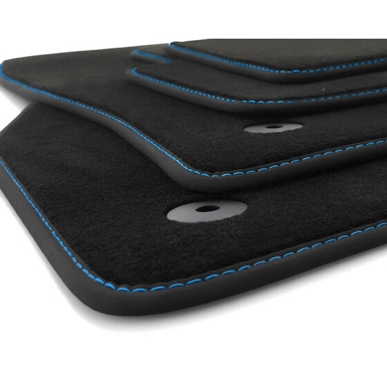 Fußmatten Passend für Polo 6 (AW) ab 2017 Premium Qualität Velours Autoteppich 4-teilig schwarz Ziernaht Blau