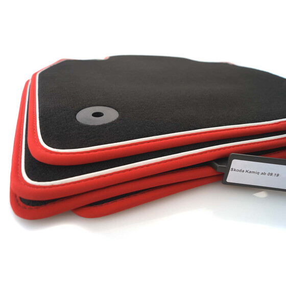 Fußmatten passend für Skoda Scala & Kamiq Automatten Zubehör Premium Velours Sport Tuning (Nubuk Rot Zierband Weiß) 4er Satz Velours schwarz