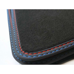 Fußmatten für BMW 3er E30 M3 Premium Velours Matten in Original Qualität Autoteppich, Doppelziernaht Rot Blau