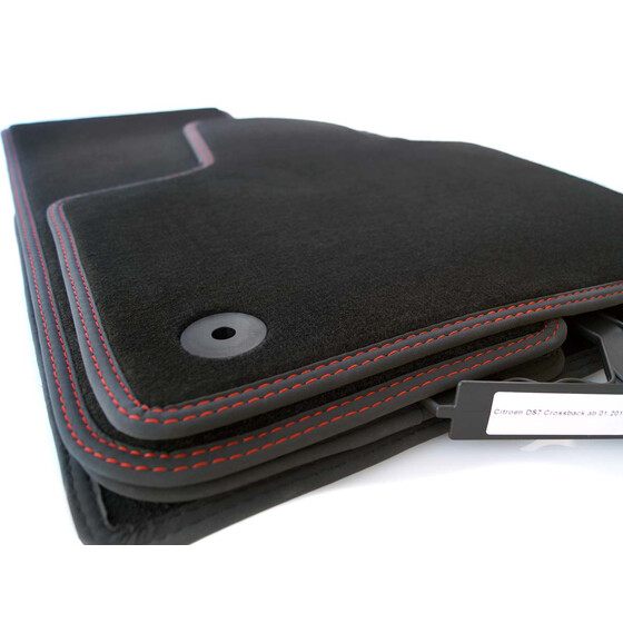 Fußmatten DS7 Crossback Autoteppich in Original Qualität Velours schwarz, Doppelziernaht Rot