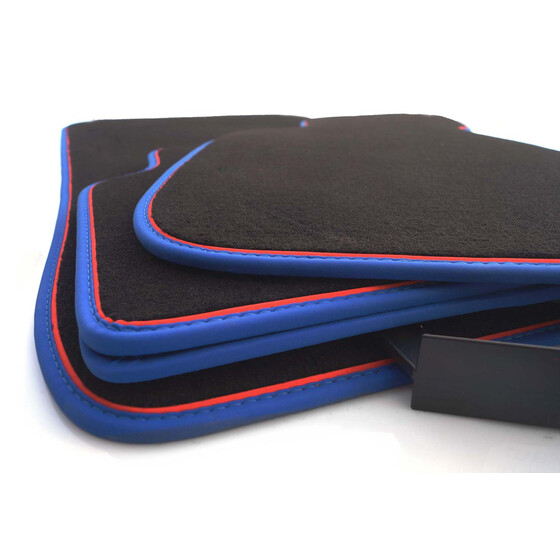 Fußmatten passend für BMW 5er E60 E61 M5 Edition (Blau, Rot) Velours Premium Automatten Nubuk Leder 4-teiliges Set